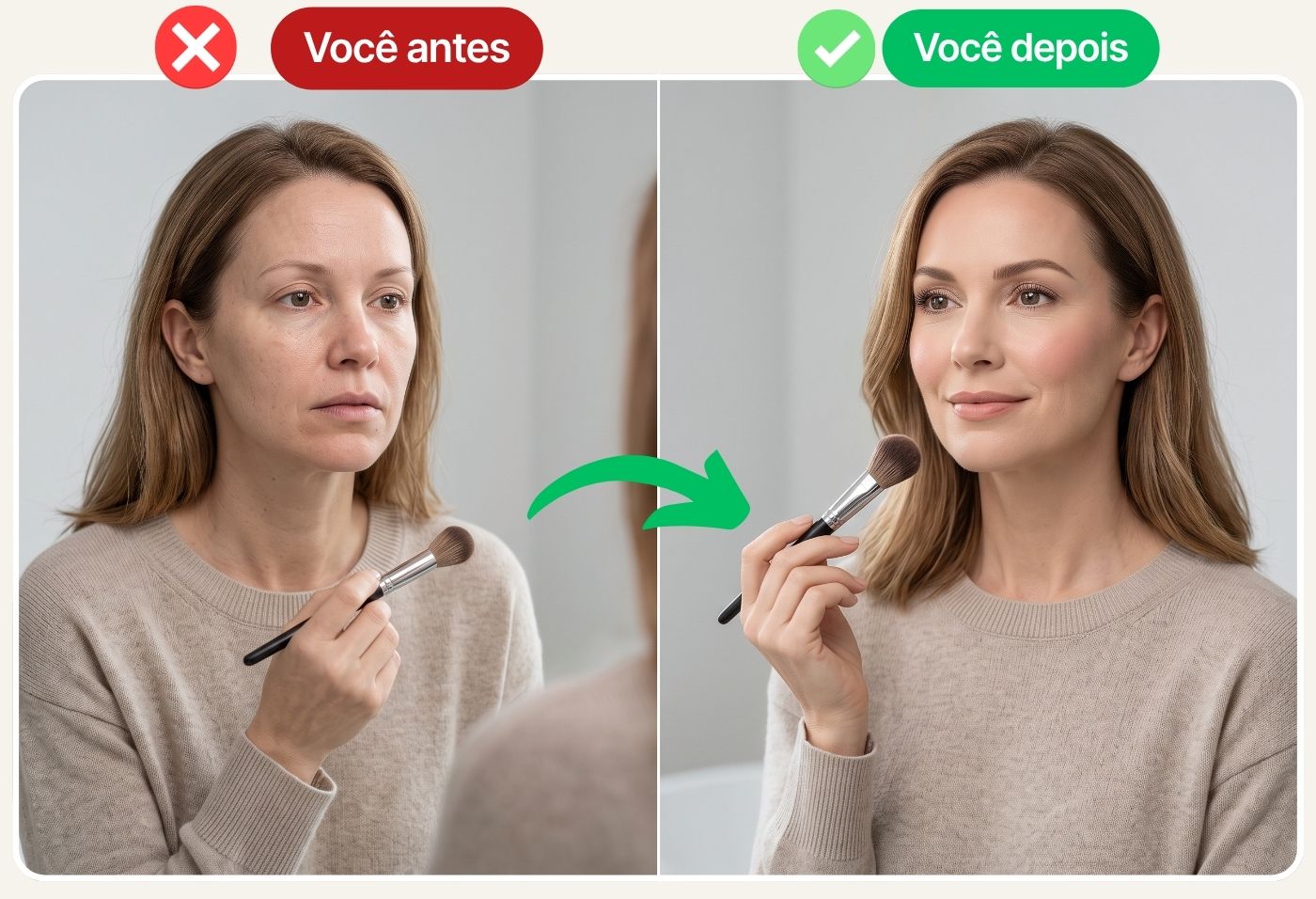 Antes e depois: mulher insegura sem maquiagem e, depois, maquiada e confiante aplicando blush
