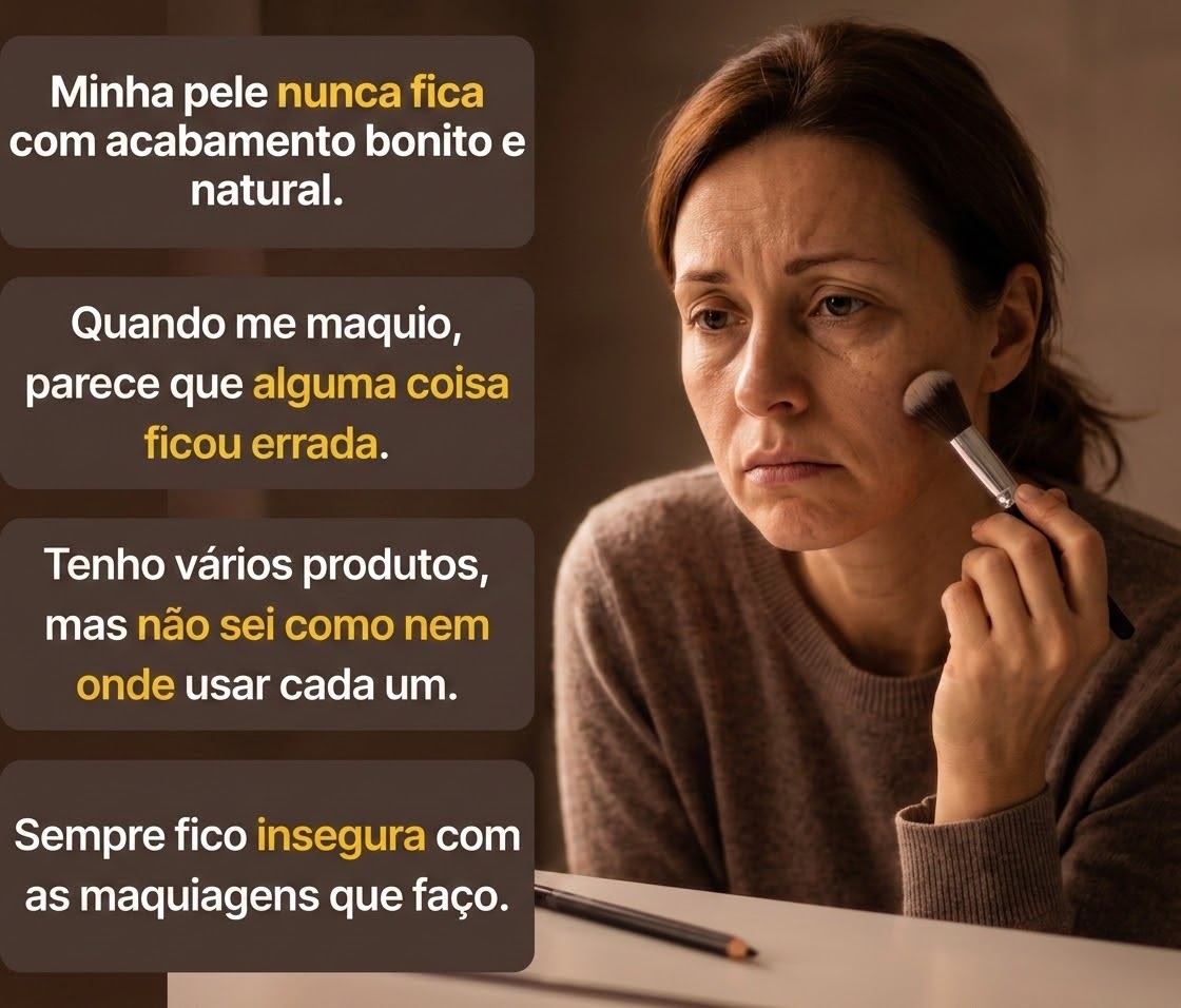 Mulher insegura com sua maquiagem e pensamentos recorrentes: minha pele nunca fica com acabamento bonito e natural; quando me maquio parece que alguma coisa ficou errada; tenho vários produtos mas não sei como nem onde usar cada um; sempre fico insegura com as maquiagens que eu faço